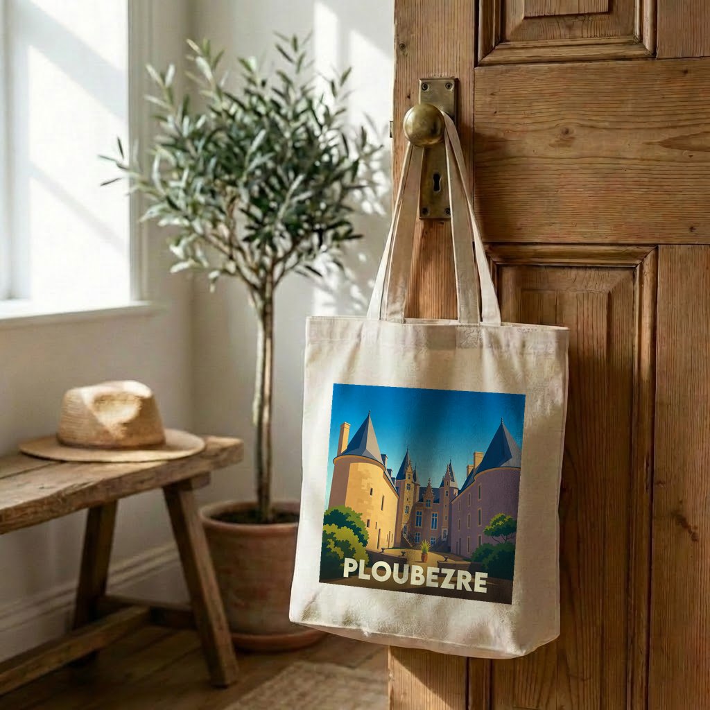 Tote bag souvenir de la ville de Ploubezre avec une illustration stylisée d'un château.