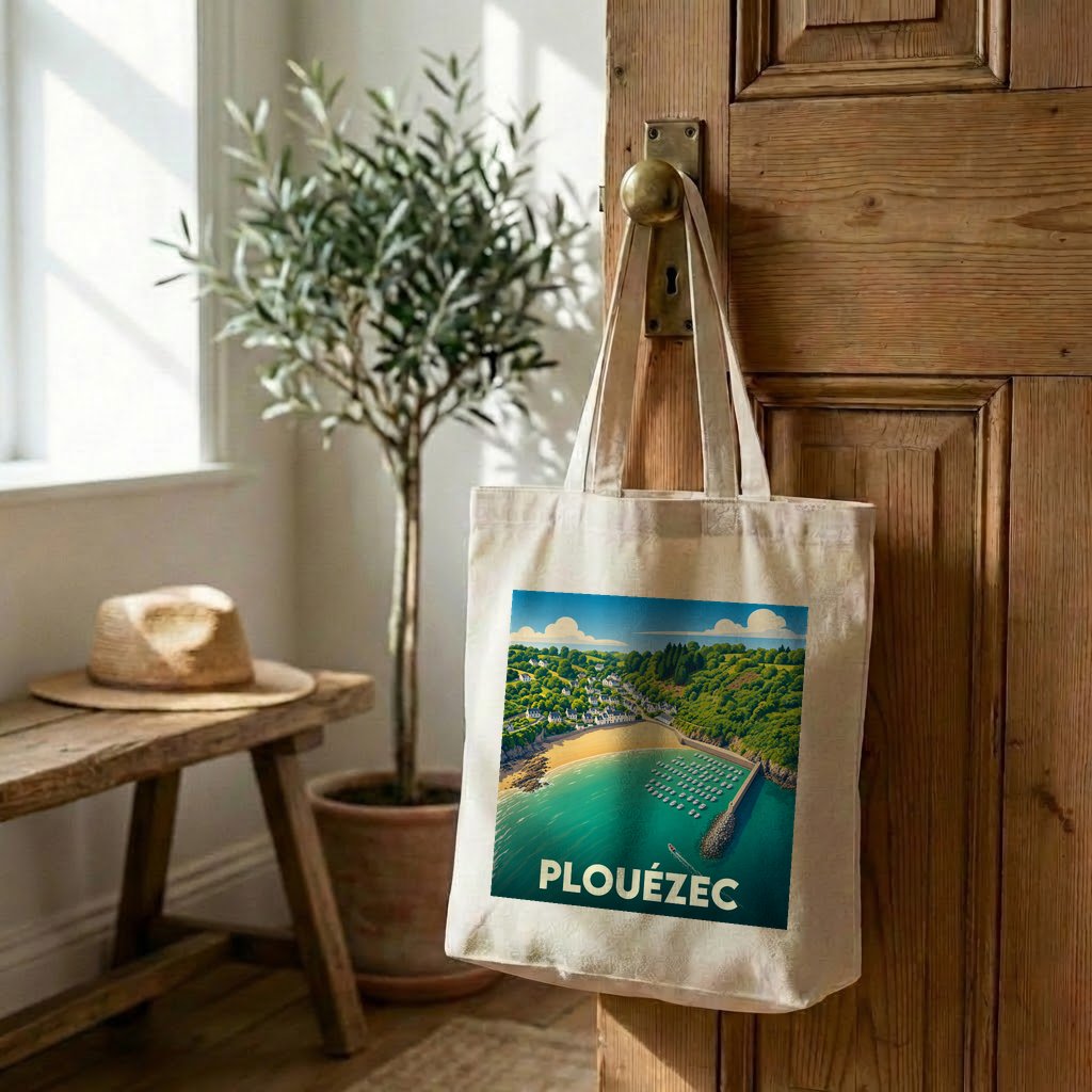 Tote bag souvenir de la ville de Plouézec avec une illustration stylisée de sa côte.