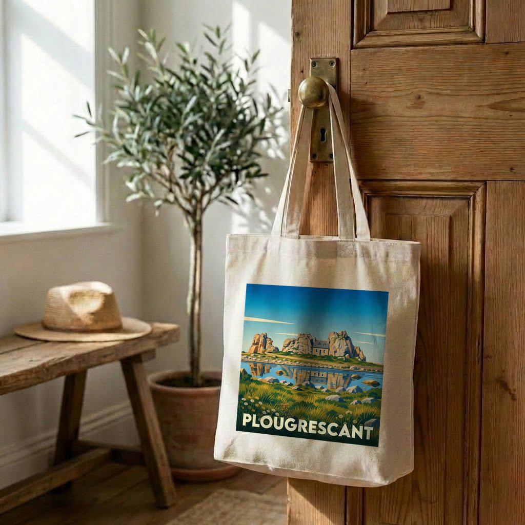 Tote bag souvenir de la ville de Plougrescant avec une illustration stylisée de son célèbre littoral.