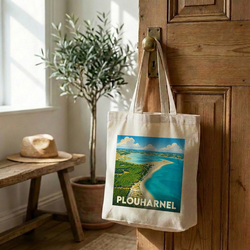 Tote bag souvenir de la ville de Plouharnel avec une illustration stylisée de son littoral.