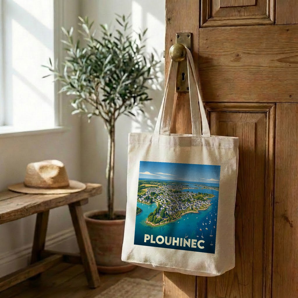 Sac cabas en toile souvenir de la ville de Plouhinec avec une illustration aérienne stylisée.