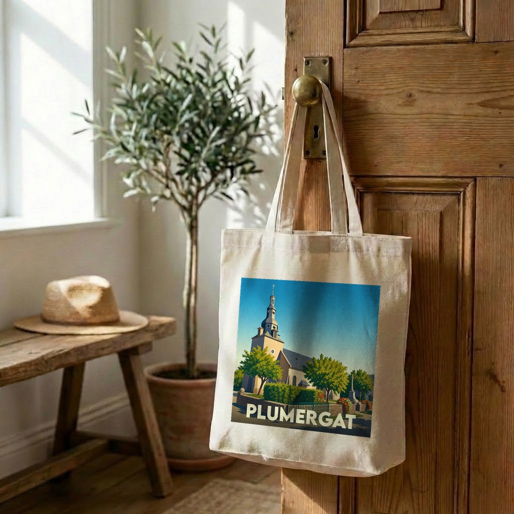 Tote bag souvenir de la ville de Plumergat avec une illustration stylisée d'une église.