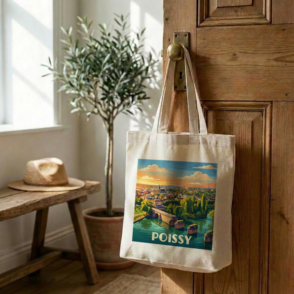 Tote bag souvenir de la ville de Poissy avec une illustration stylisée.