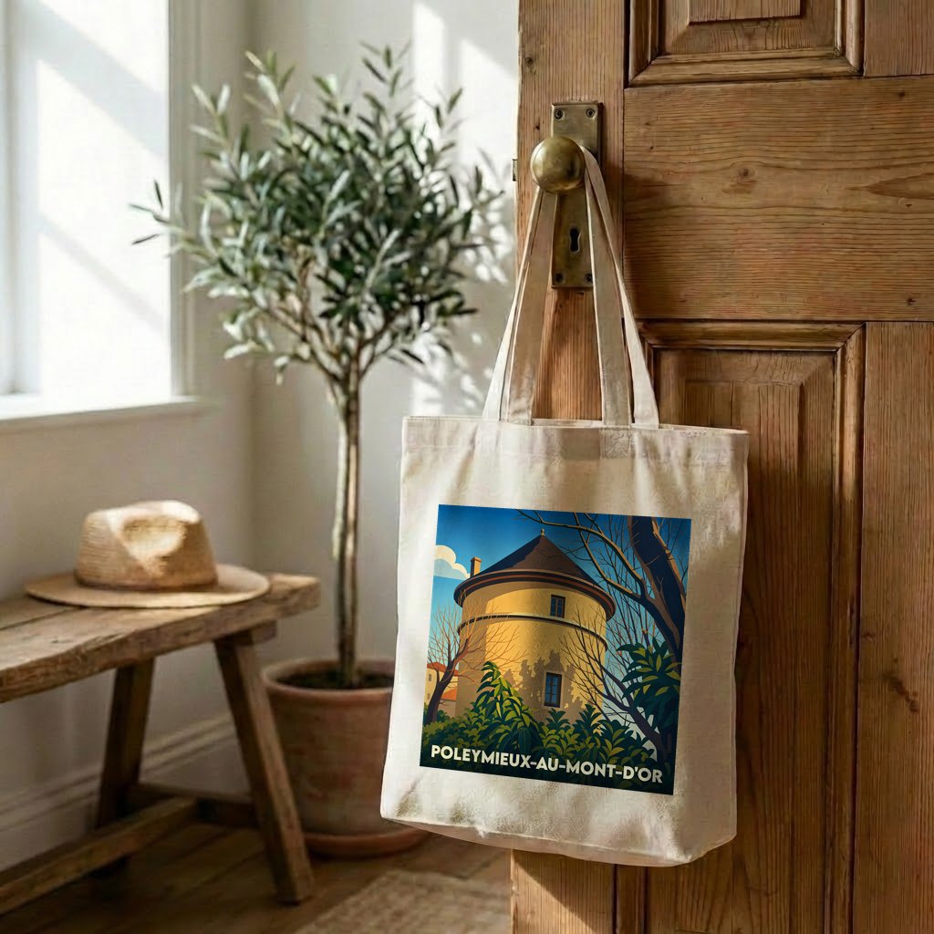 Tote bag souvenir de la ville de Poleymieux-au-Mont-d'Or avec une illustration stylisée d'une tour historique.