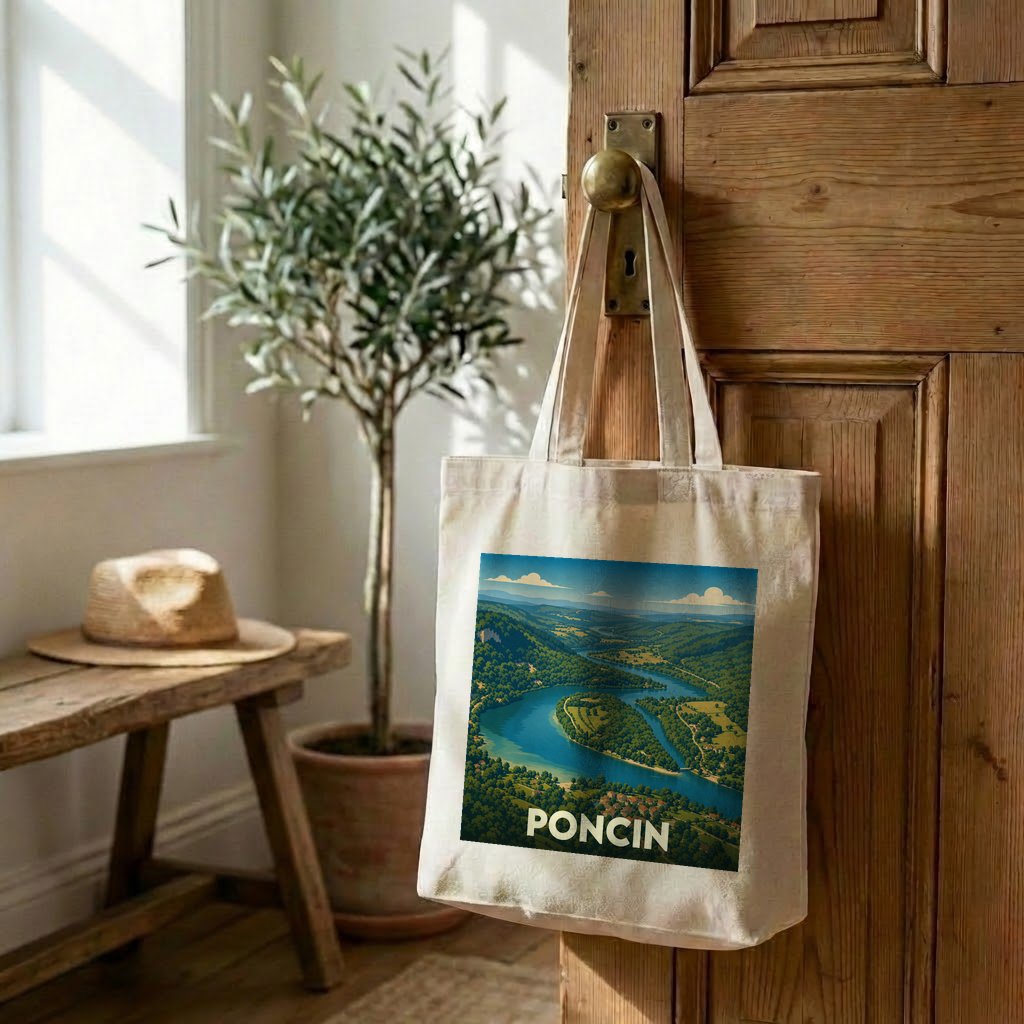 Tote bag souvenir de la ville de Poncin avec une illustration paysagère stylisée.