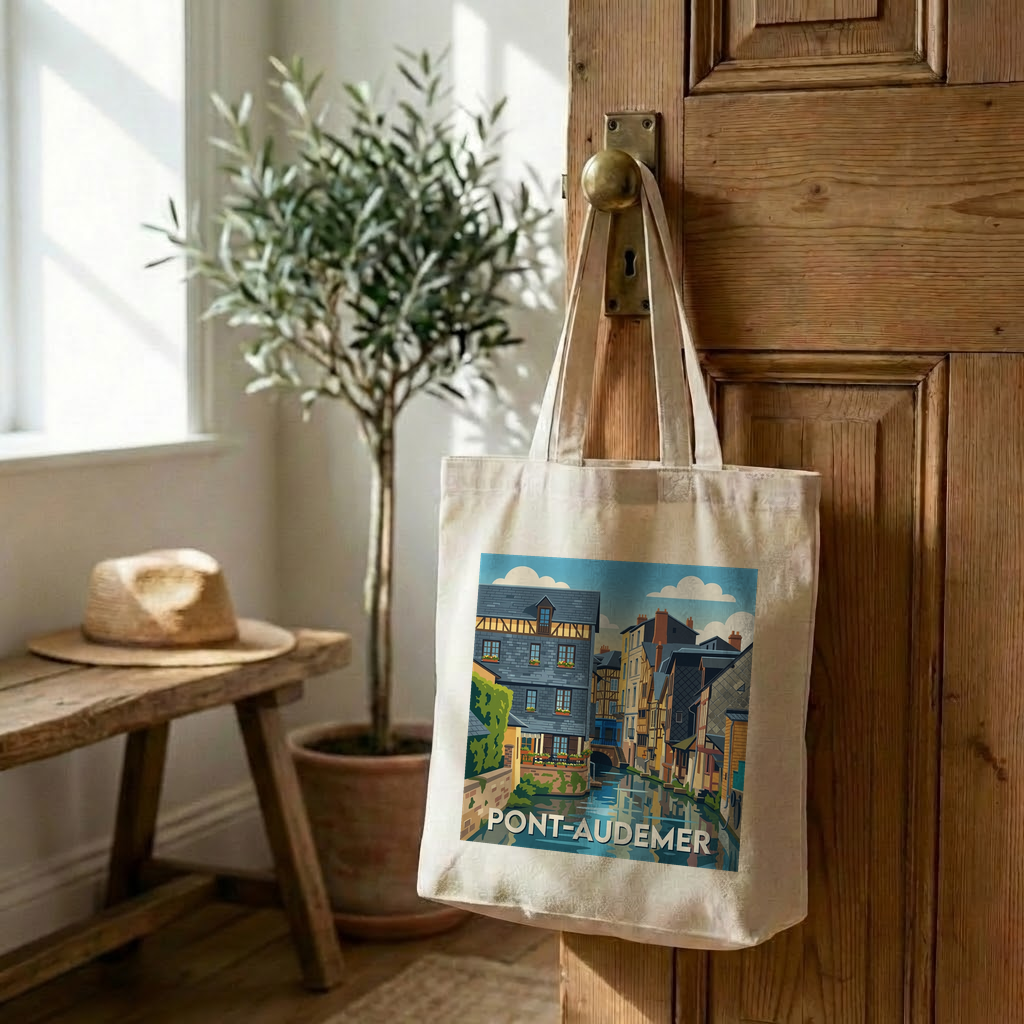 Tote bag souvenir de la ville de Pont-Audemer avec une illustration stylisée.