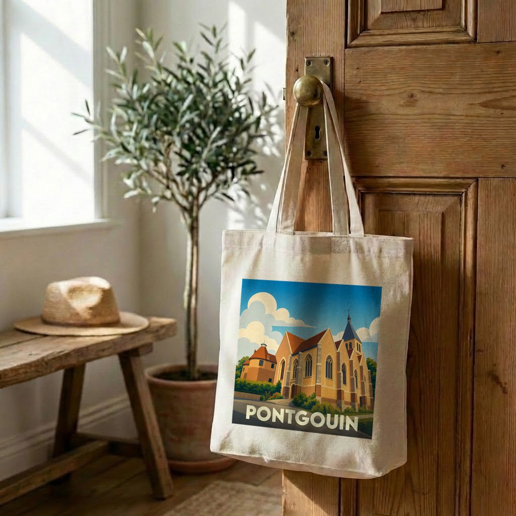 Tote bag souvenir de la ville de Pontgouin avec une illustration stylisée de son église.