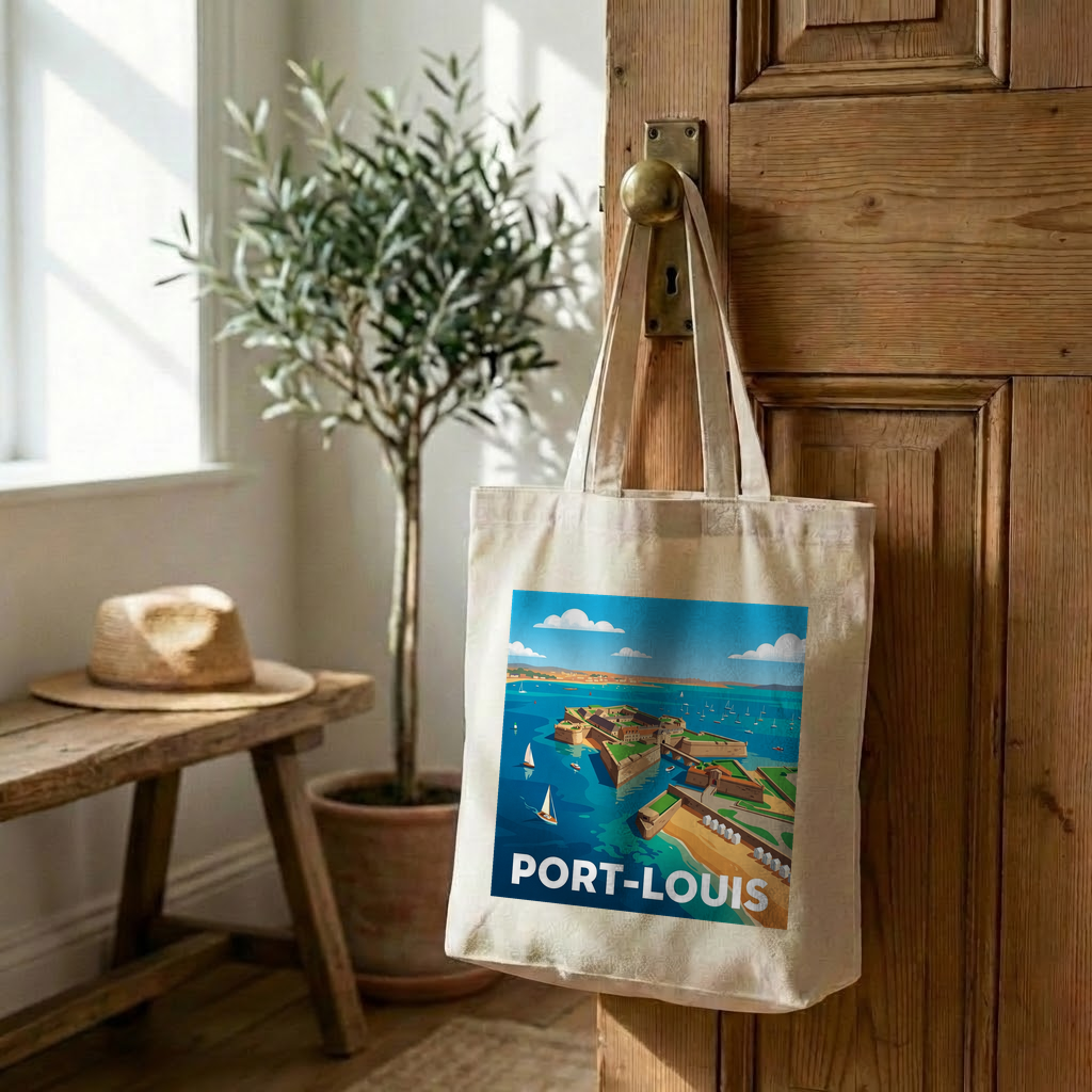 Tote bag souvenir de la ville de Port-Louis avec une illustration stylisée.