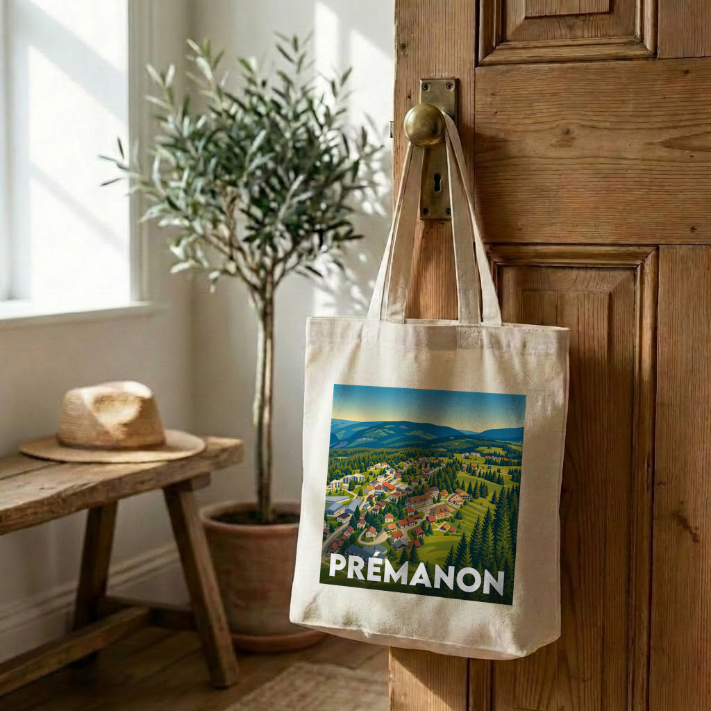 Tote bag souvenir de la ville de Prémanon avec une illustration stylisée.