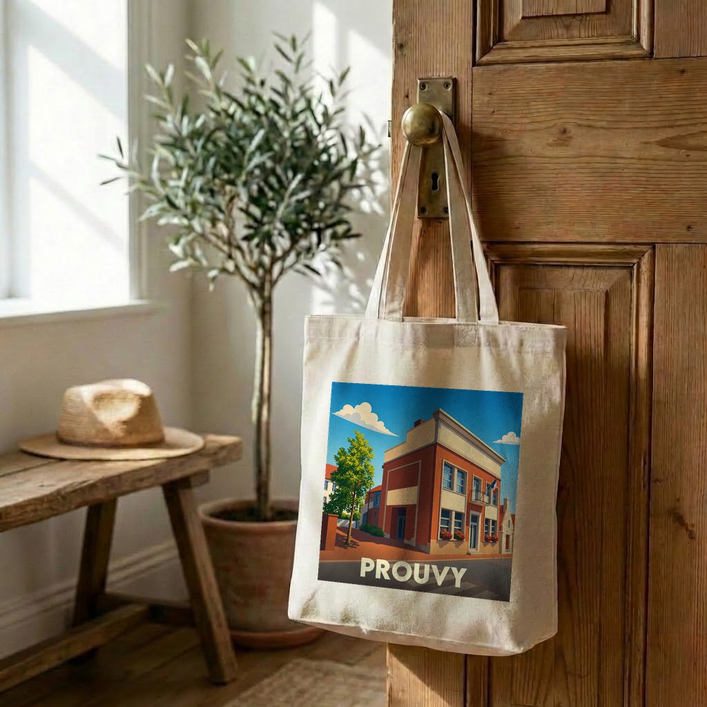 Tote bag souvenir de la ville de Prouvy avec une illustration stylisée d'un bâtiment urbain.