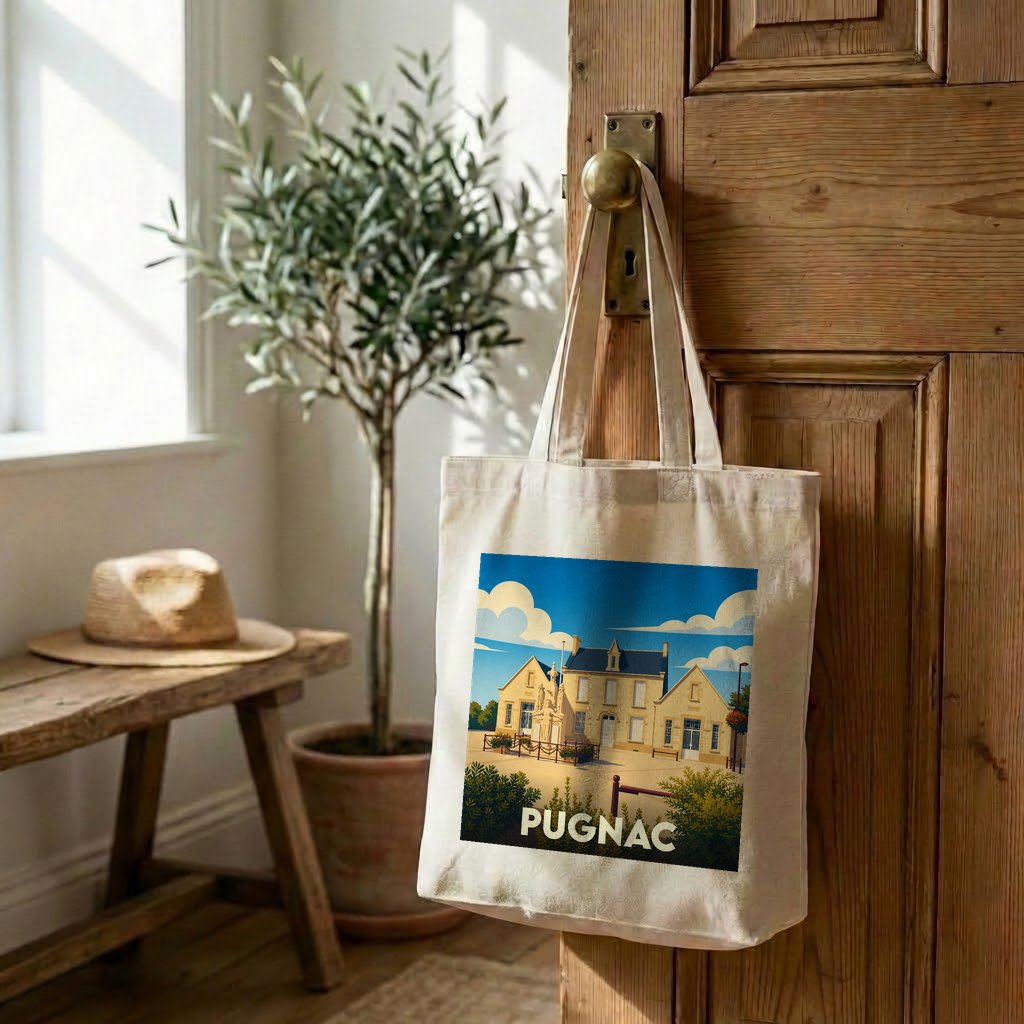 Tote bag souvenir de la ville de Pugnac avec une illustration stylisée.