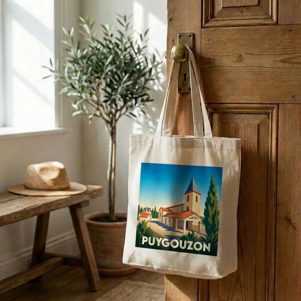 Tote bag souvenir de la ville de Puygouzon avec une illustration stylisée d'une église sous un ciel bleu.