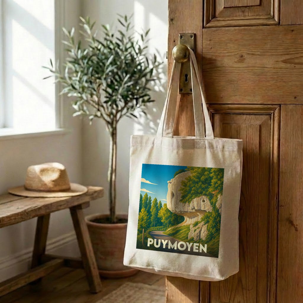 Tote bag souvenir de la ville de Puymoyen avec une illustration stylisée de ses paysages rocheux.