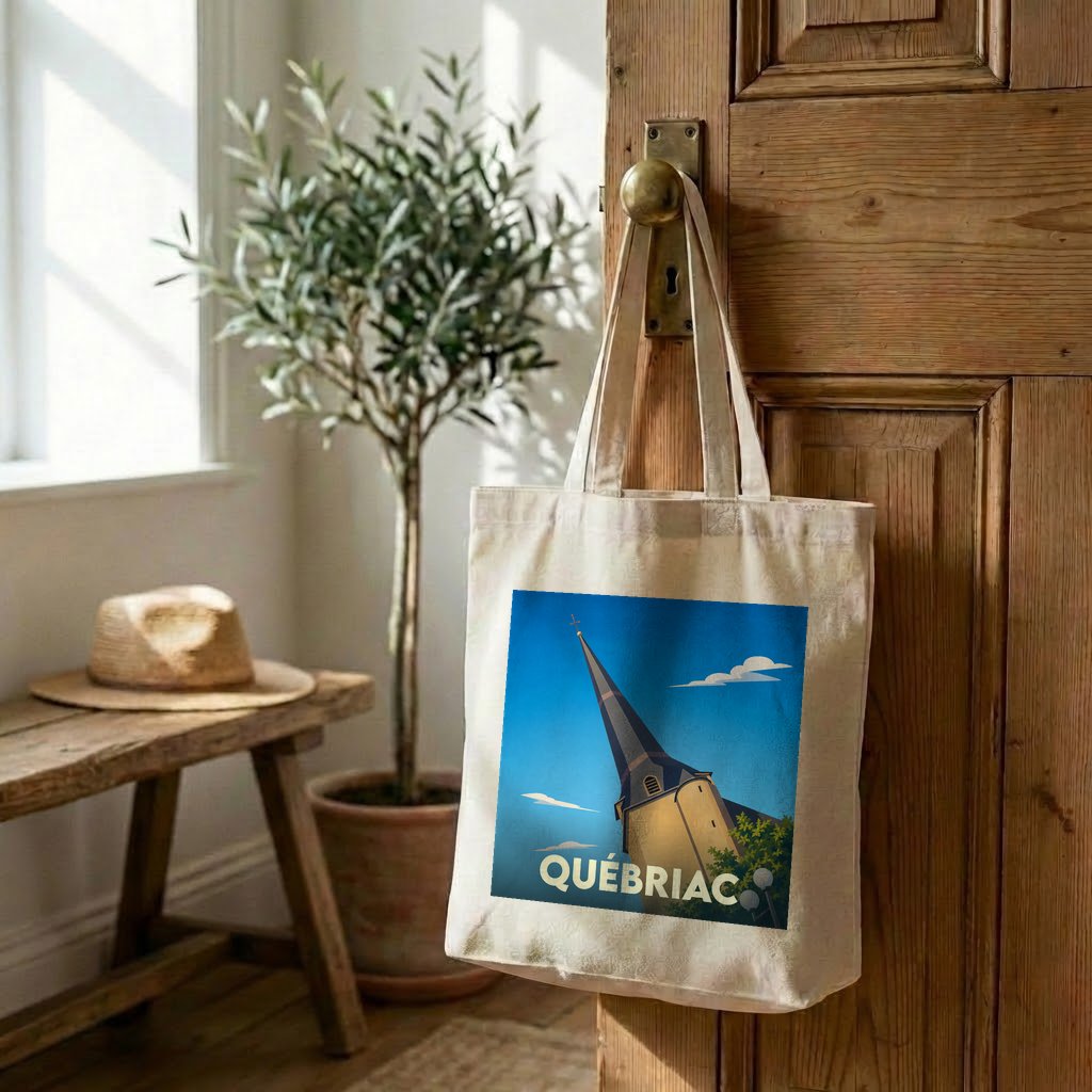 Tote bag souvenir de la ville de Québriac avec une illustration stylisée de son église.