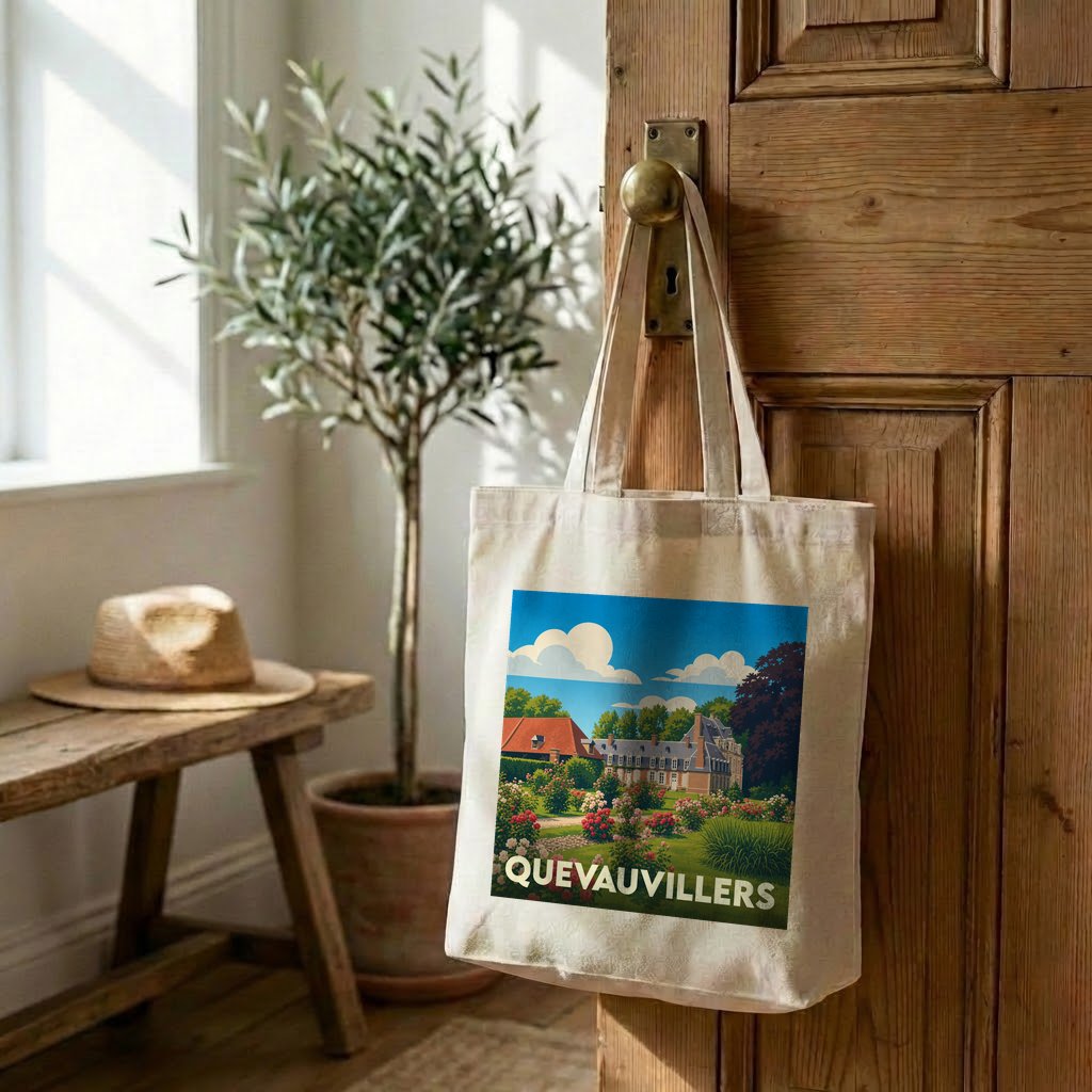 Tote bag souvenir de la ville de Quevauvillers avec une illustration stylisée.