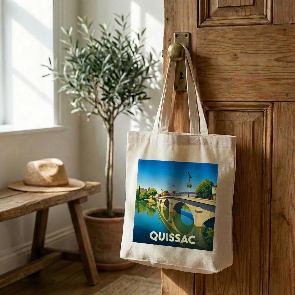 Tote bag souvenir de la ville de Quissac avec une illustration stylisée d'un pont sur l'eau.