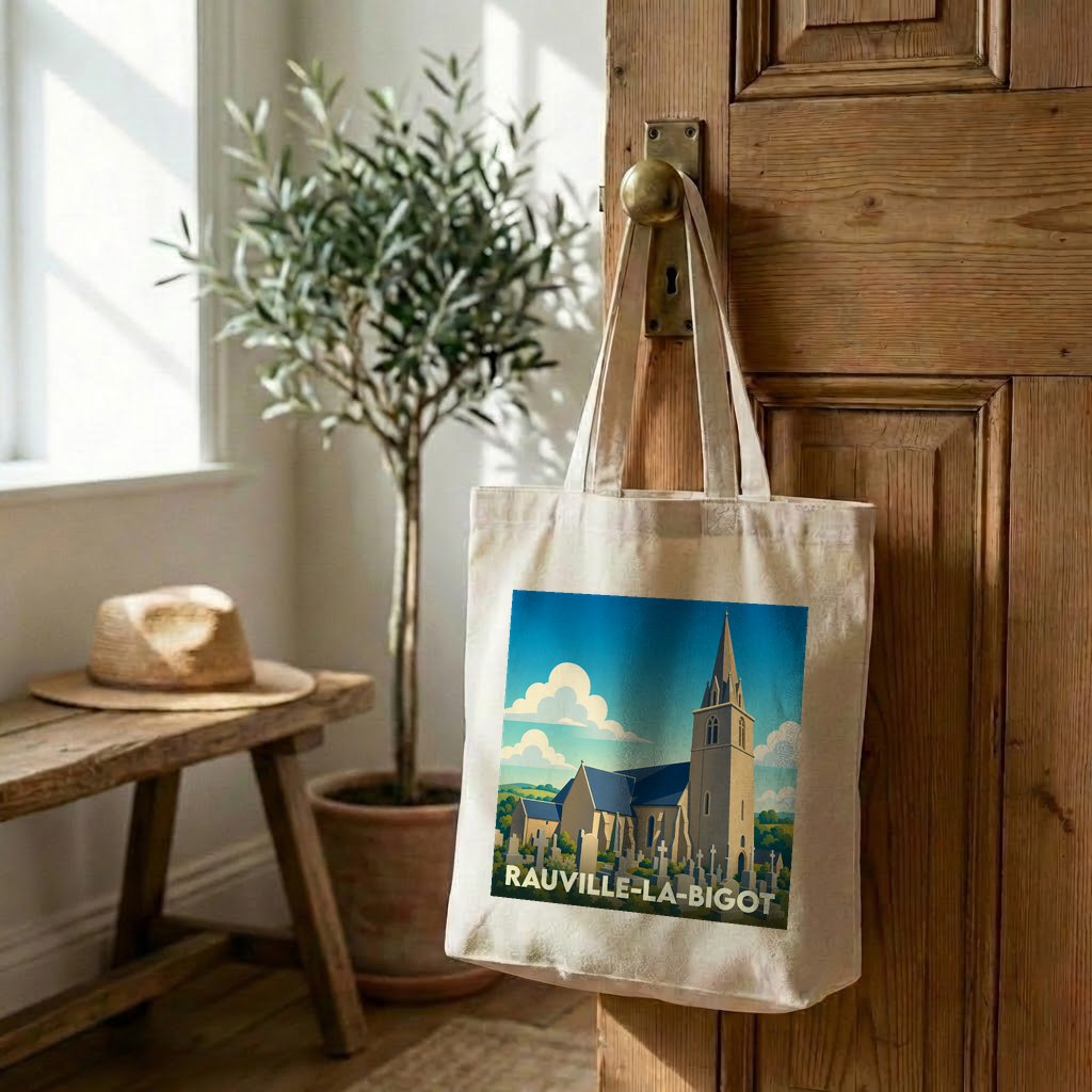Tote bag souvenir de la ville de Rauville-la-Bigot avec une illustration stylisée d'église.