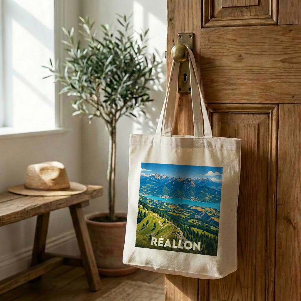 Tote bag souvenir de la ville de Réallon avec une illustration stylisée d'un paysage montagneux.