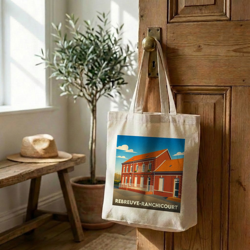Tote bag souvenir de la ville de Rebreuve-Ranchicourt avec une illustration stylisée d'un bâtiment en briques rouges.