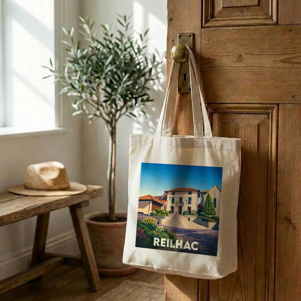 Tote bag souvenir de la ville de Reilhac avec une illustration stylisée.
