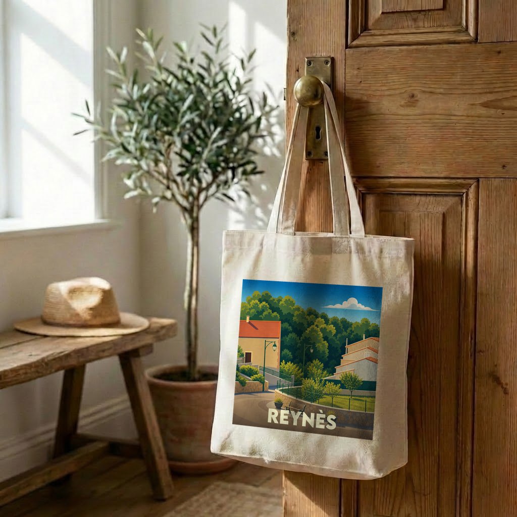 Tote bag souvenir de la ville de Reynès avec une illustration stylisée d'un paysage méditerranéen.