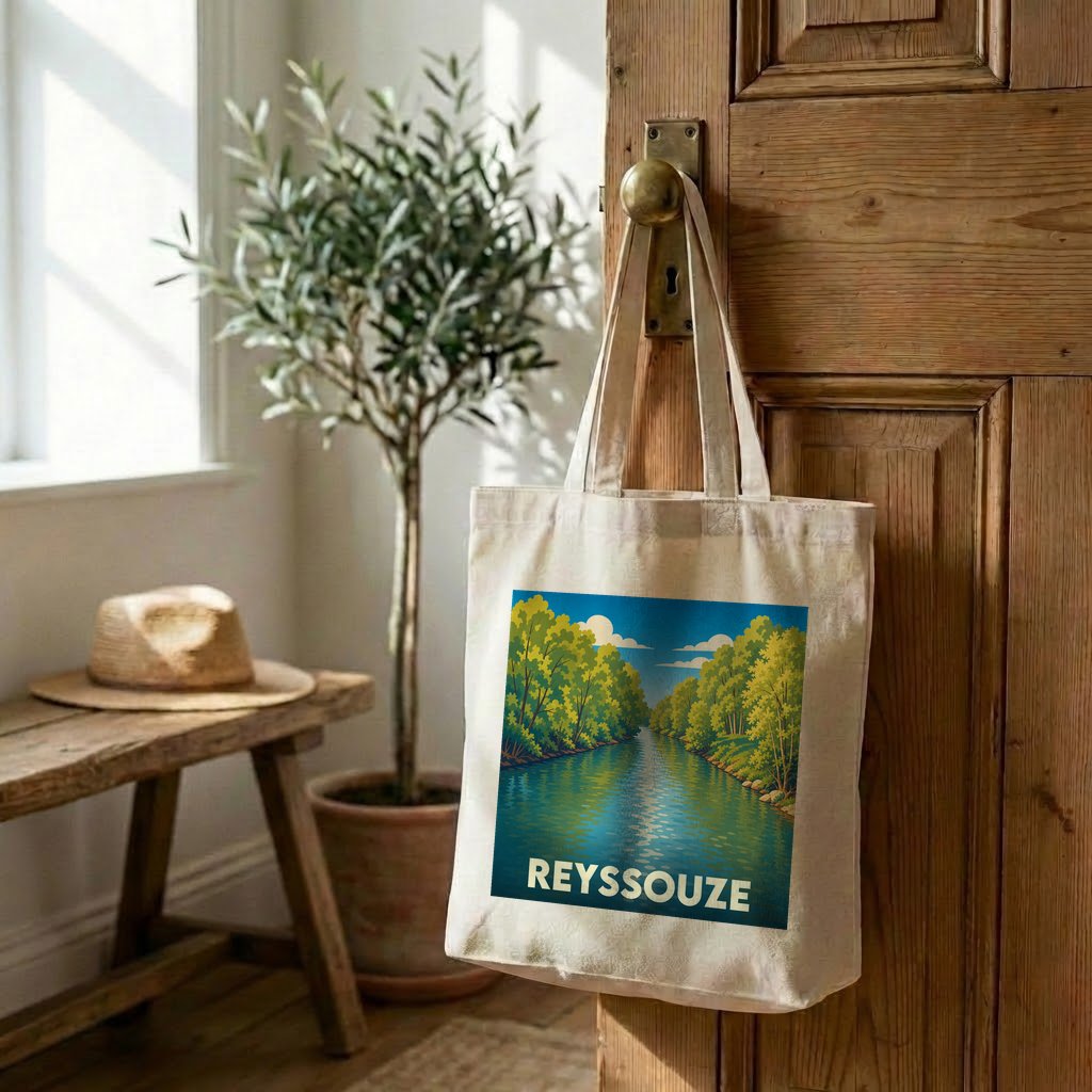Tote bag souvenir de la ville de Reyssouze avec une illustration de rivière boisée.