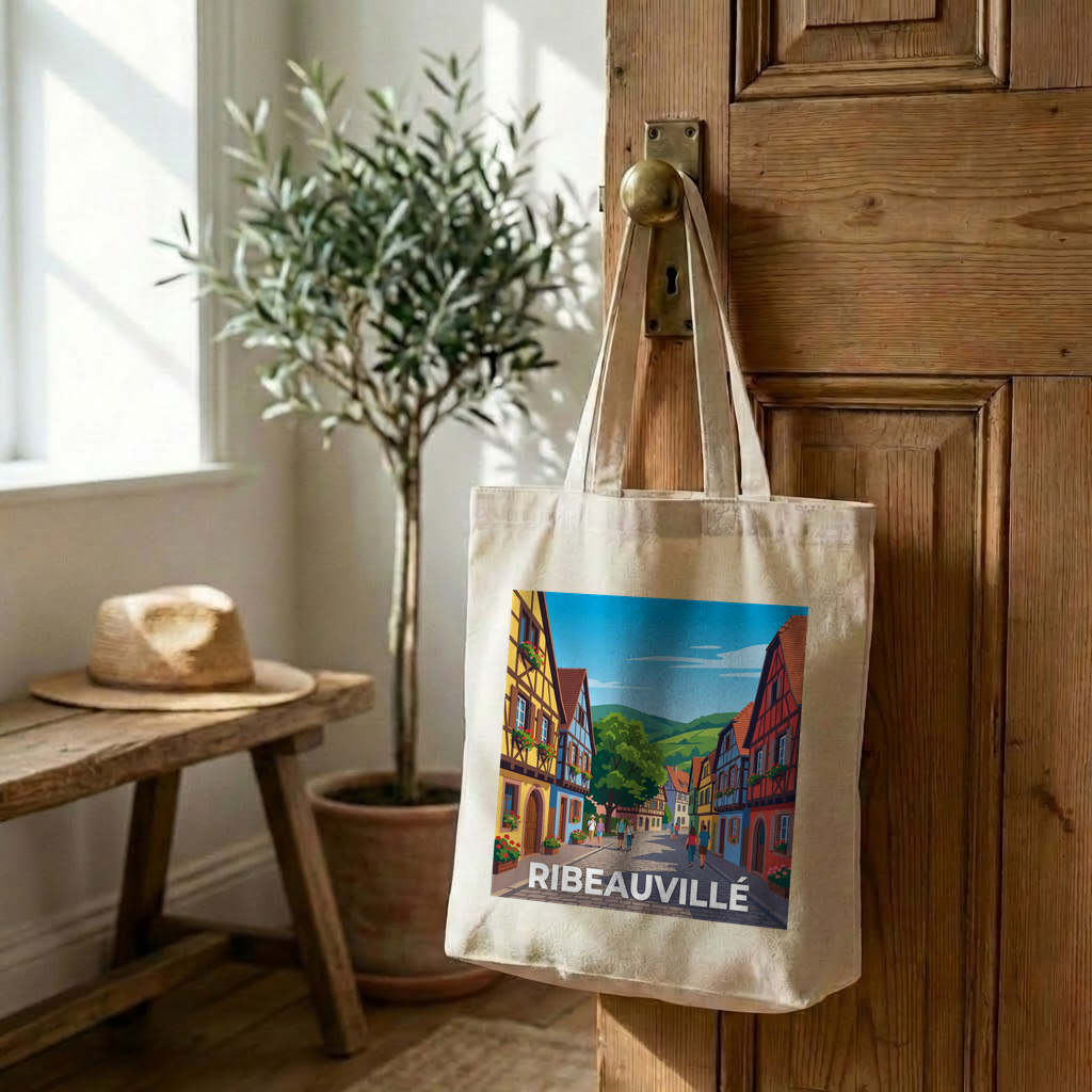 Tote bag souvenir de la ville de Ribeauvillé avec une illustration stylisée.
