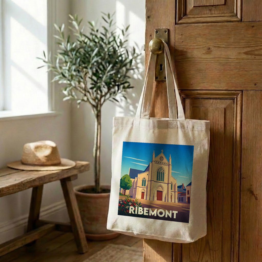 Tote bag souvenir de la ville de Ribemont avec une illustration stylisée de son église.