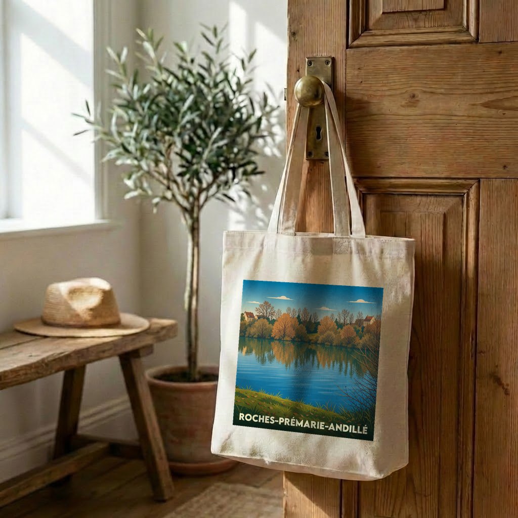 Tote bag souvenir de la ville de Roches-Prémarie-Andillé avec une illustration paysagère stylisée.