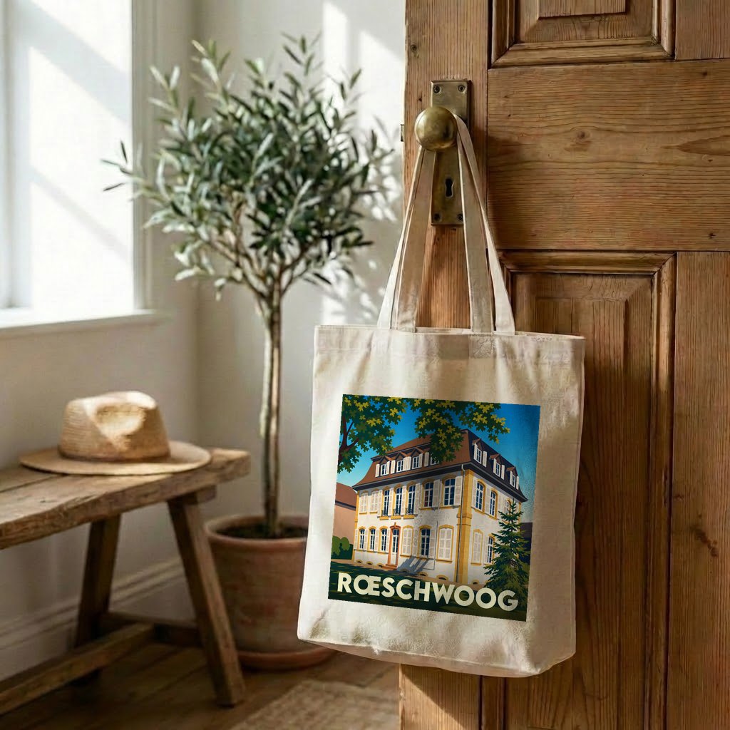 Sac cabas souvenir de la ville de Rœschwoog avec une illustration stylisée d'un bâtiment historique.