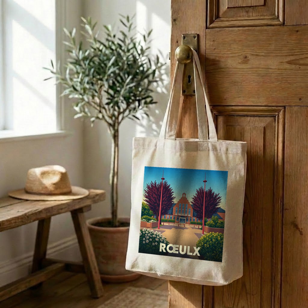 Tote bag souvenir de la ville de Rœulx avec une illustration stylisée.