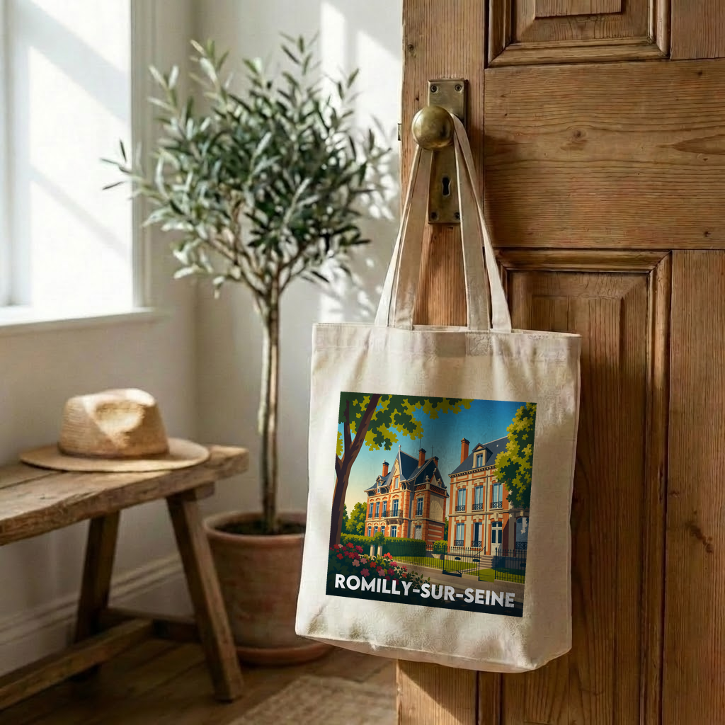 Tote bag souvenir de la ville de Romilly-sur-Seine avec une illustration stylisée.