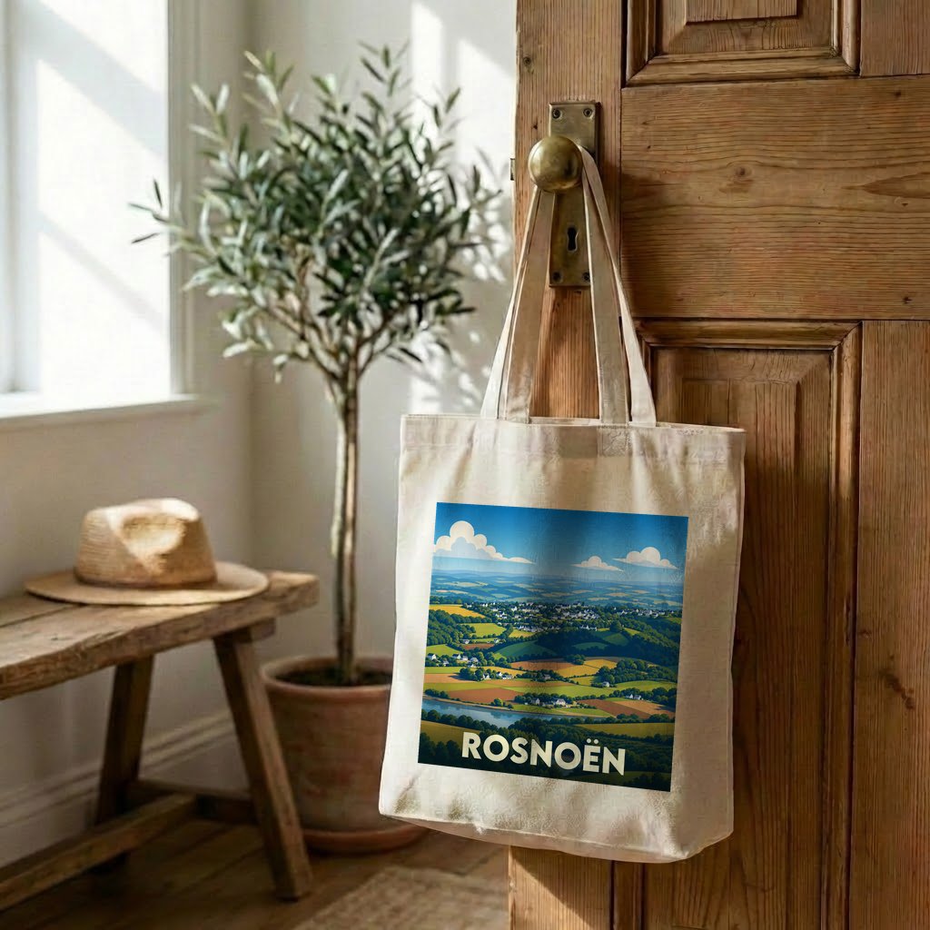 Tote bag souvenir de la ville de Rosnoën avec une illustration paysagère stylisée.