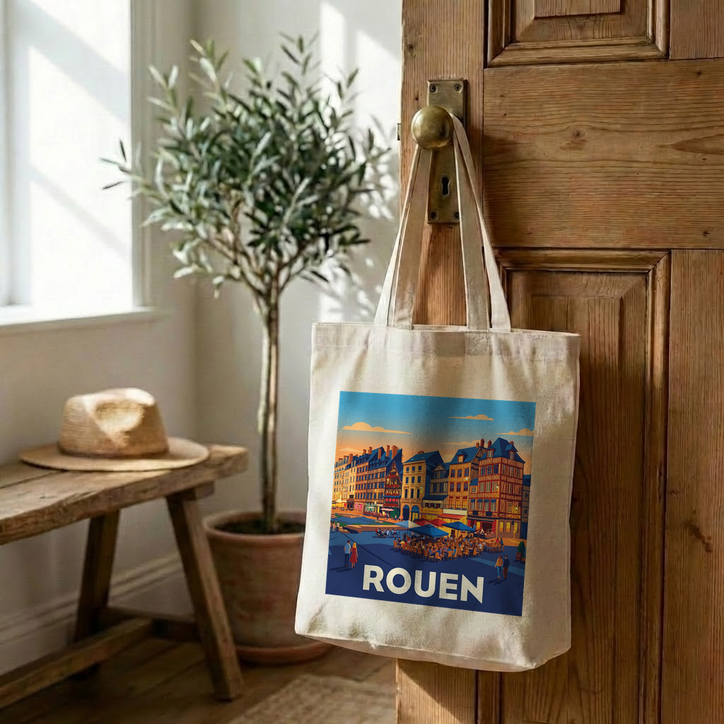 Tote bag souvenir de la ville de Rouen avec une illustration stylisée.