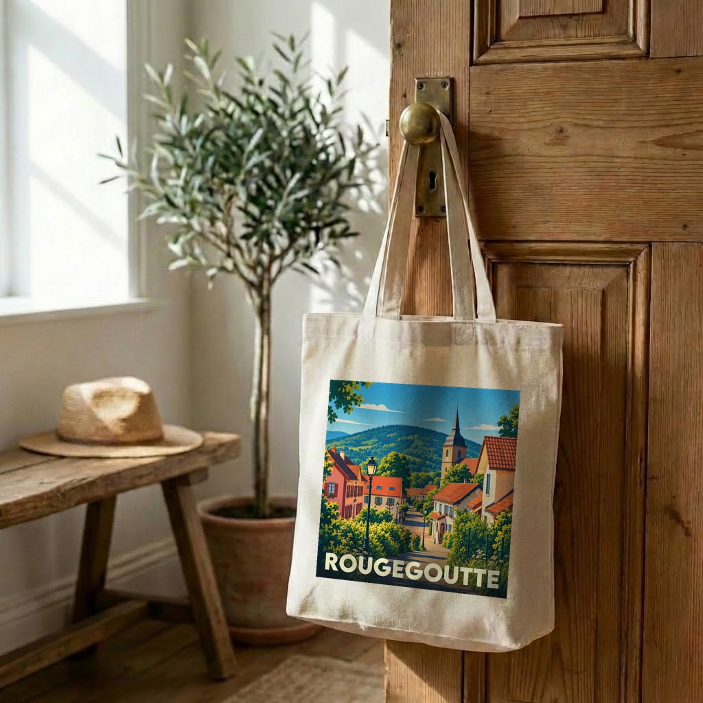 Sac cabas en toile souvenir de Rougegoutte avec une illustration colorée et stylisée de la ville.
