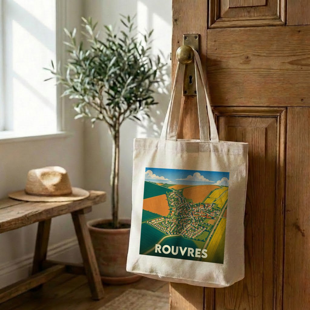 Tote bag souvenir de la ville de Rouvres avec une illustration stylisée.