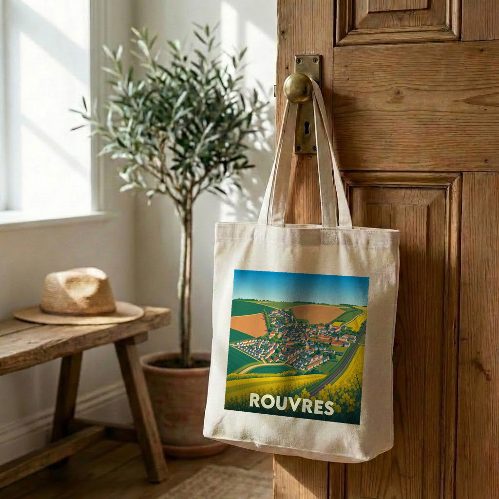 Tote bag souvenir de la ville de Rouvres avec une illustration stylisée d'un paysage champêtre.
