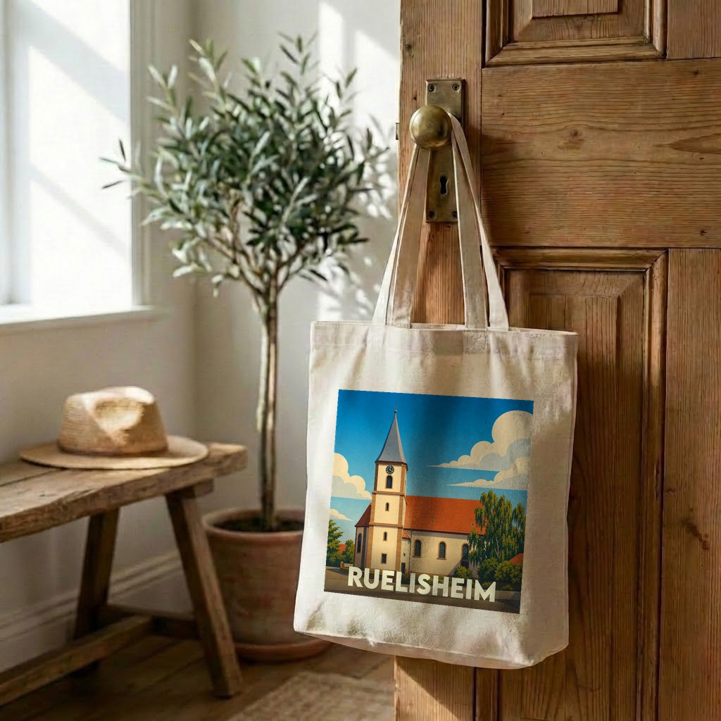 Tote bag souvenir de la ville de Ruelisheim avec une illustration stylisée de son église.