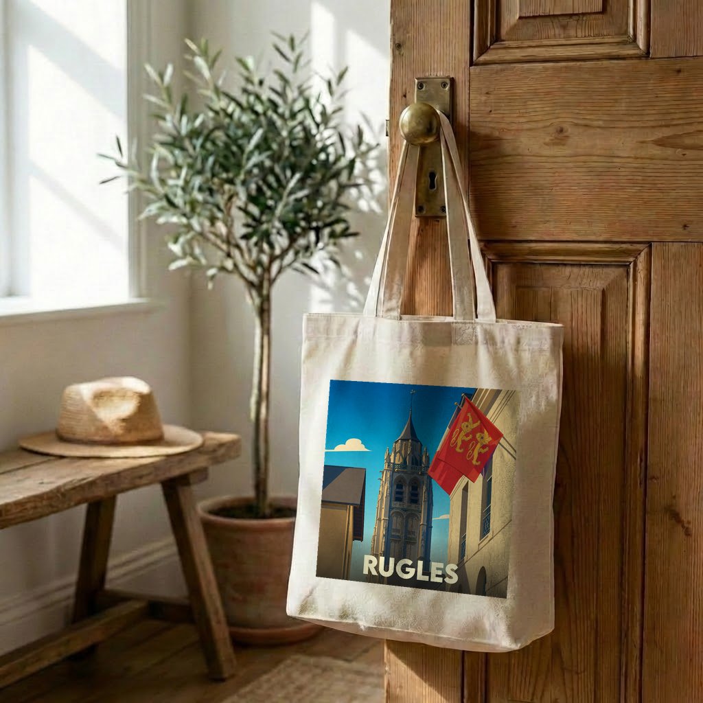 Tote bag souvenir de la ville de Rugles avec une illustration stylisée.
