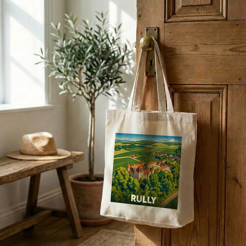 Tote bag souvenir de la ville de Rully avec une illustration stylisée.