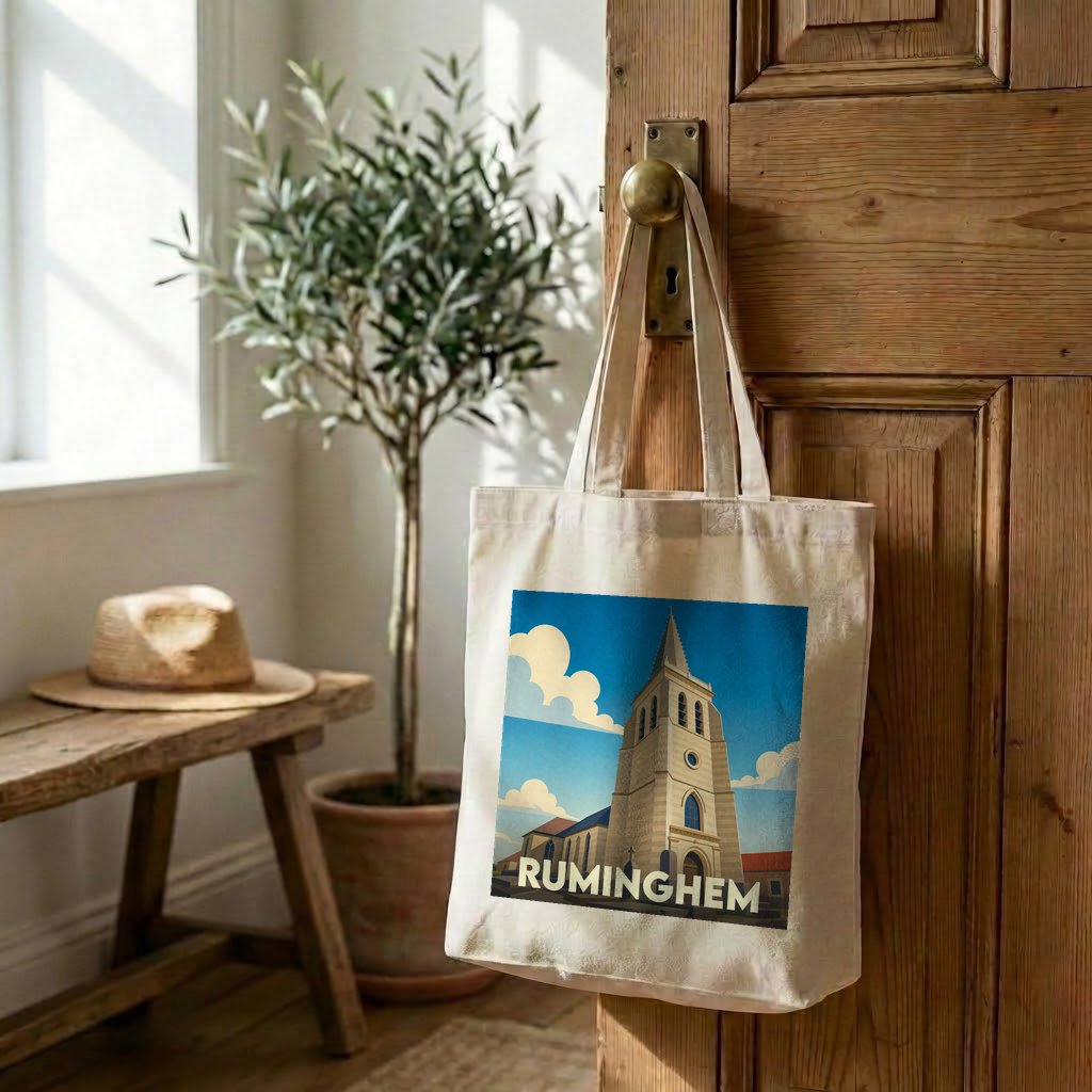 Tote bag souvenir de la ville de Ruminghem avec une illustration stylisée de son église.