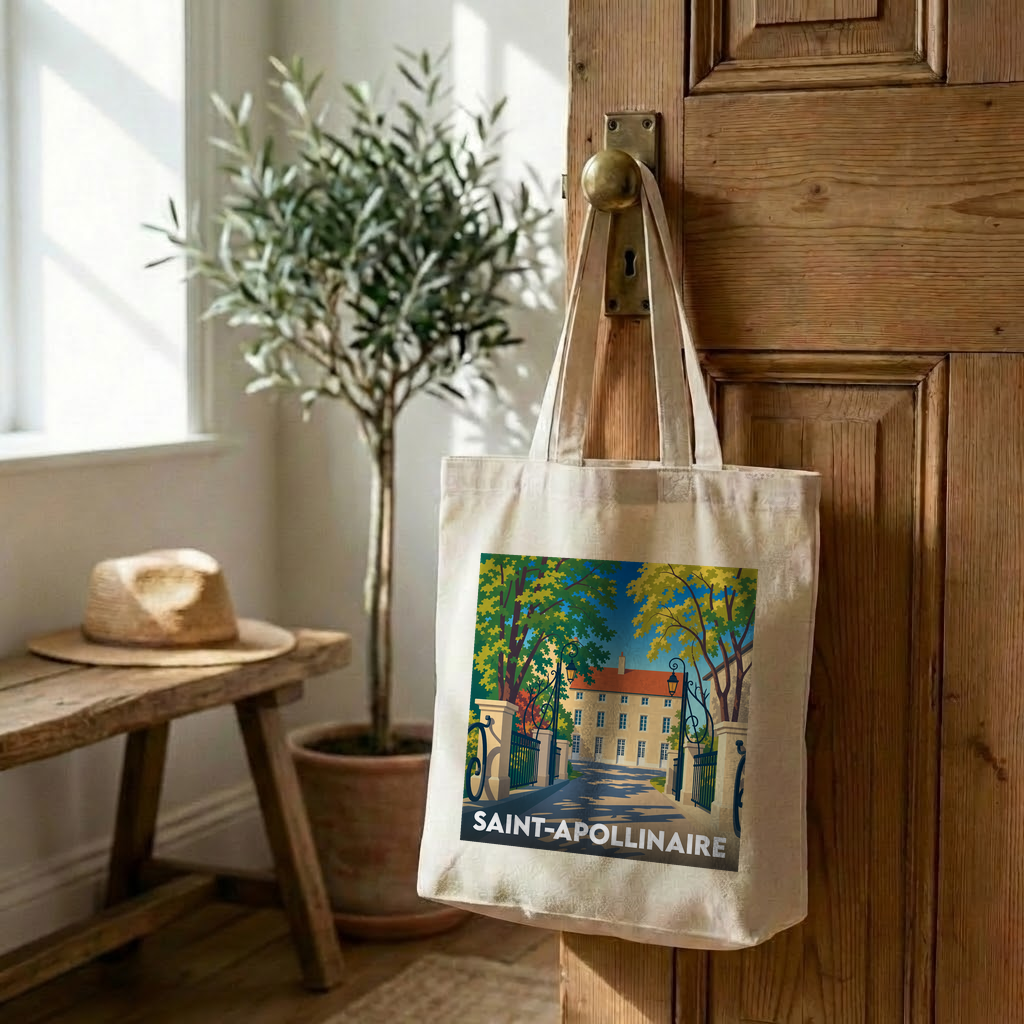 Tote bag souvenir de la ville de Saint-Apollinaire avec une illustration stylisée.