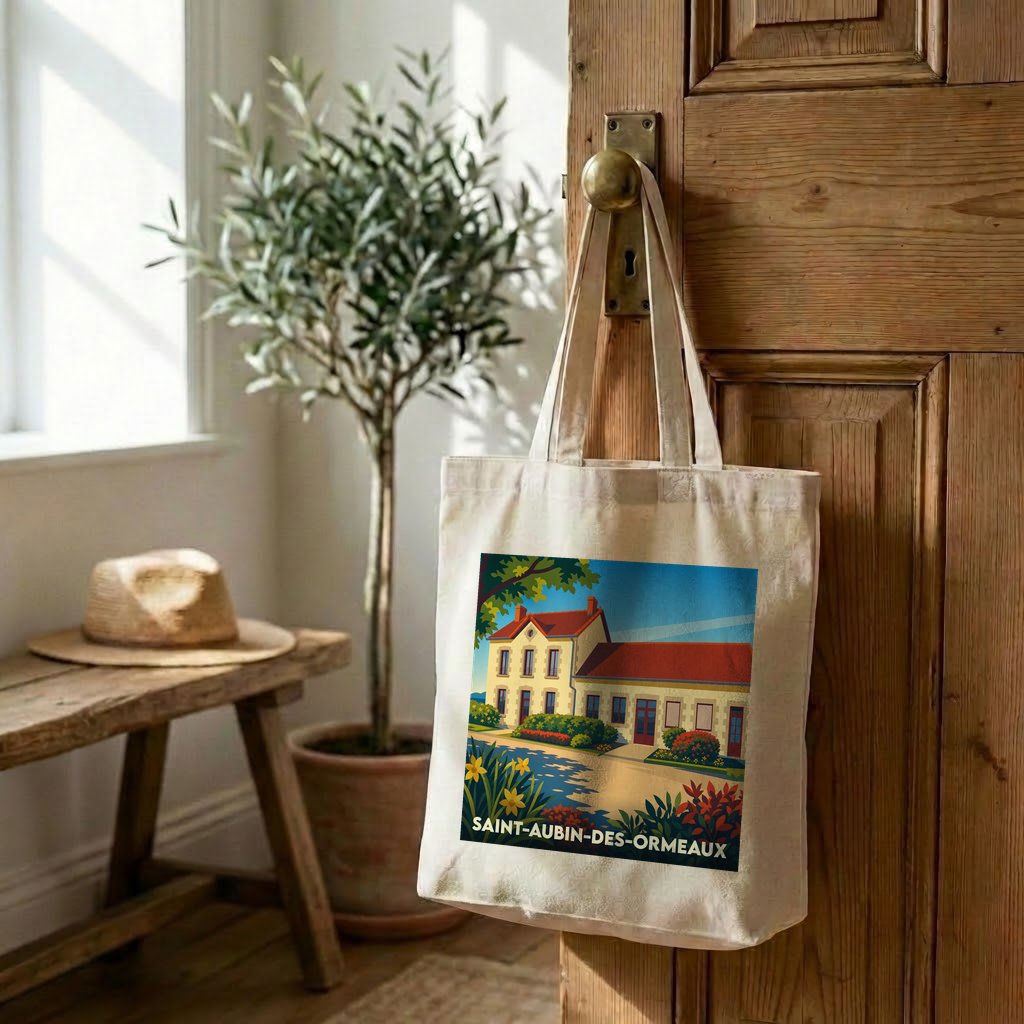 Tote bag souvenir de la ville de Saint-Aubin-des-Ormeaux avec une illustration stylisée.