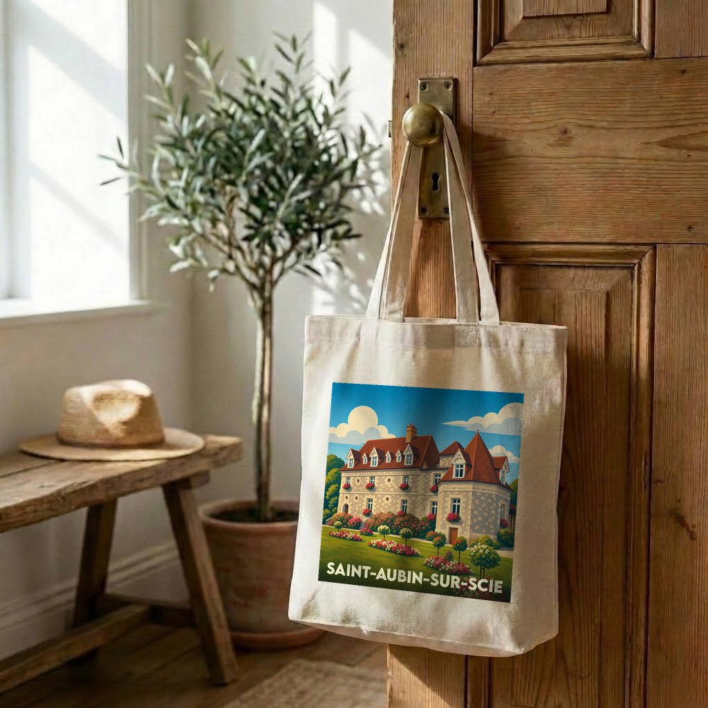 Tote bag souvenir de la ville de Saint-Aubin-sur-Scie avec une illustration stylisée d'un manoir normand.