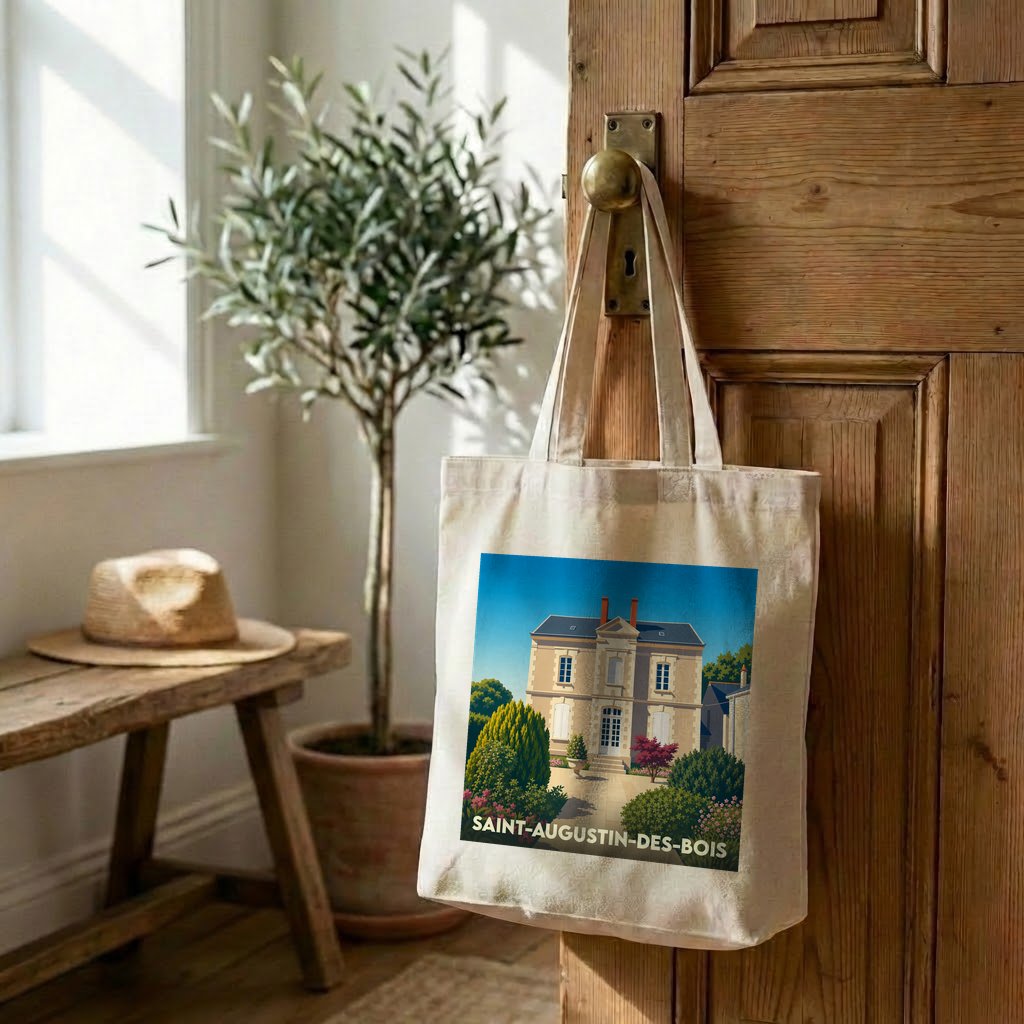 Tote bag souvenir de la ville de Saint-Augustin-des-Bois avec une illustration stylisée.