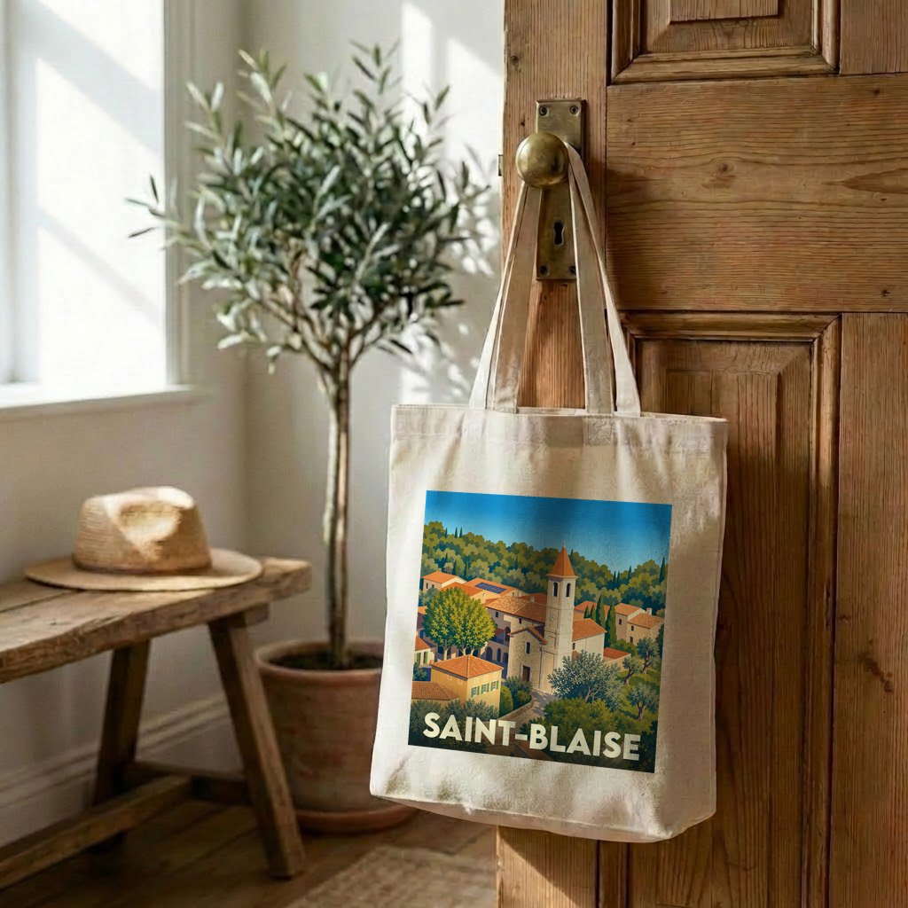 Tote bag souvenir de la ville de Saint-Blaise avec une illustration stylisée.
