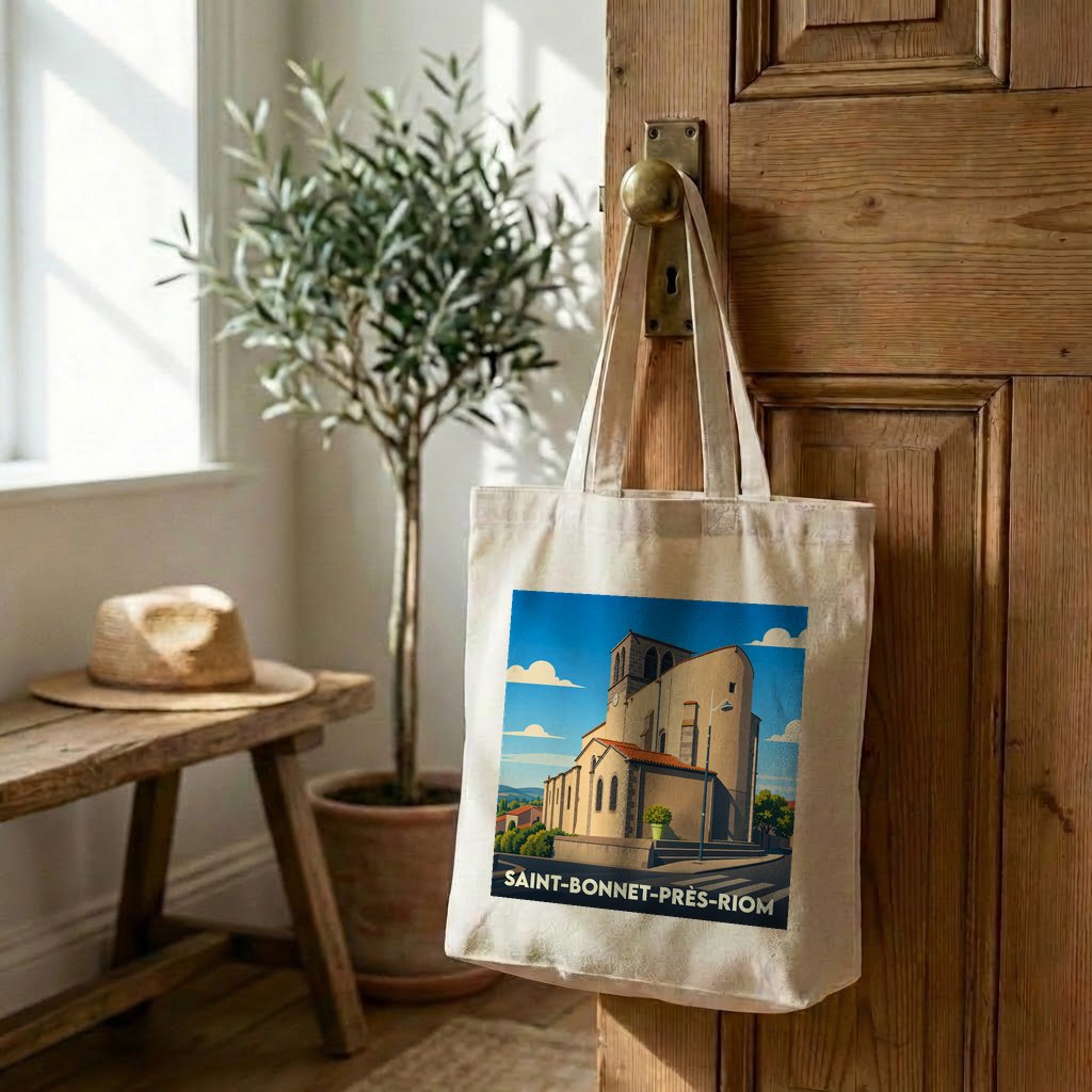 Tote bag souvenir de la ville de Saint-Bonnet-près-Riom avec une illustration stylisée de son église.