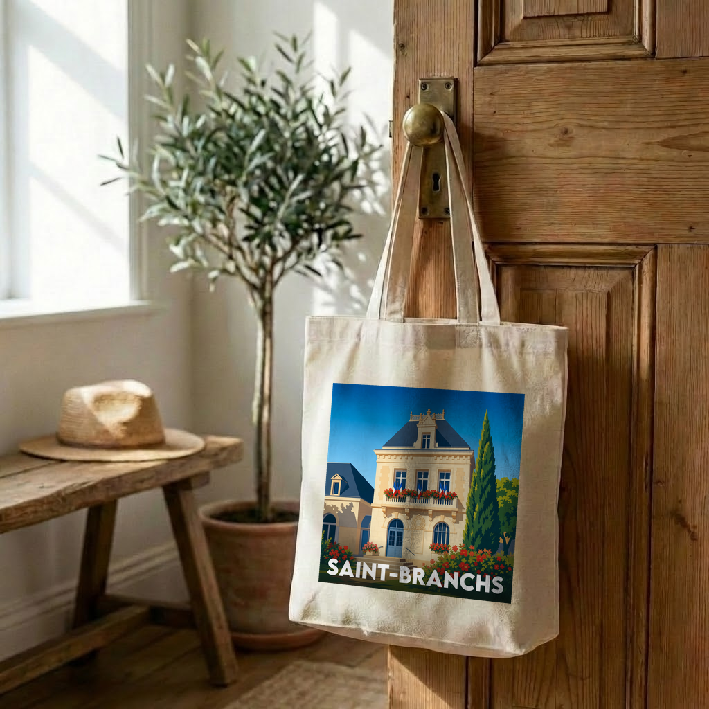 Tote bag souvenir de la ville de Saint-Branchs avec une illustration stylisée.