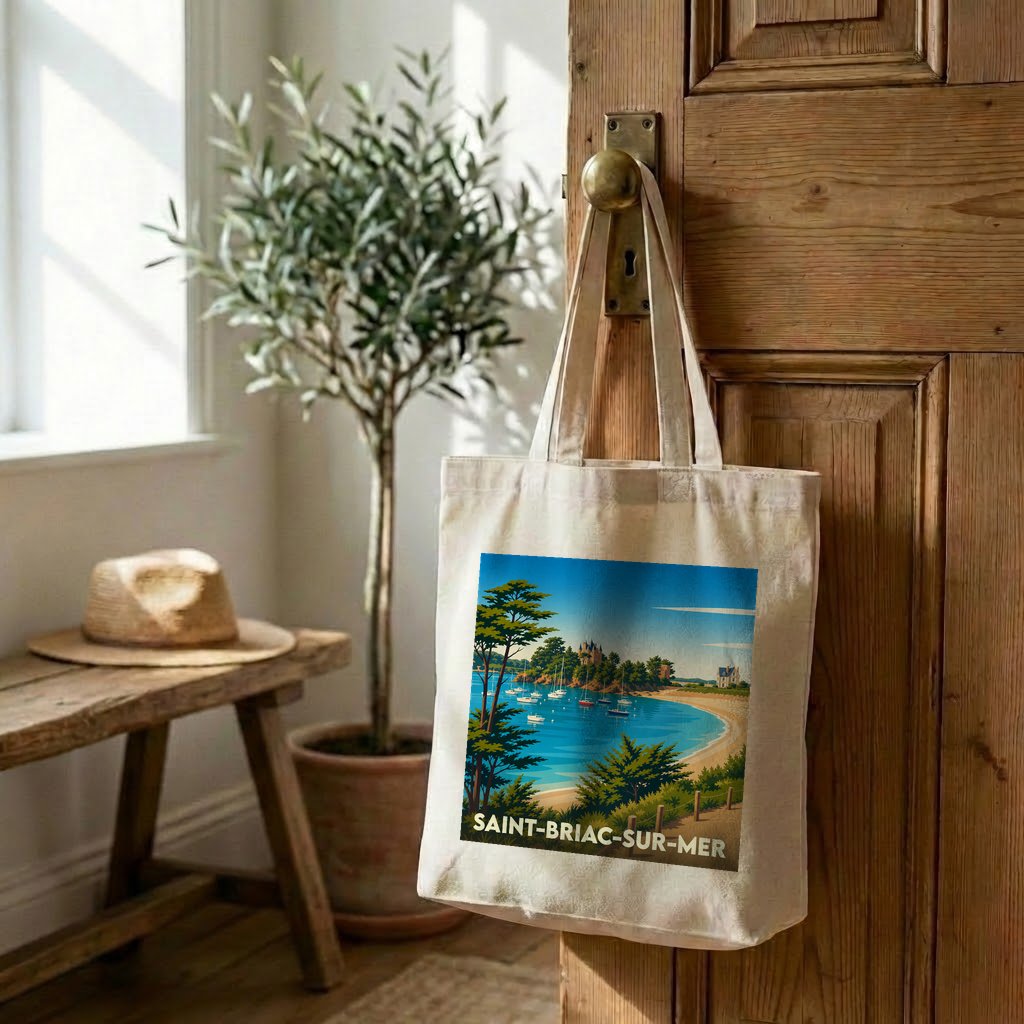 Tote bag souvenir de la ville de Saint-Briac-sur-Mer avec une illustration stylisée d'un paysage côtier breton.