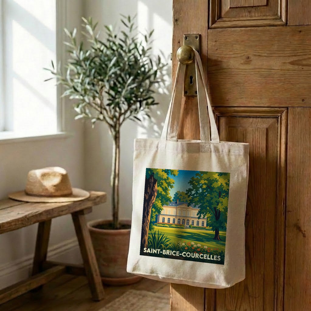 Tote bag souvenir de la ville de Saint-Brice-Courcelles avec une illustration stylisée d'un domaine arboré.